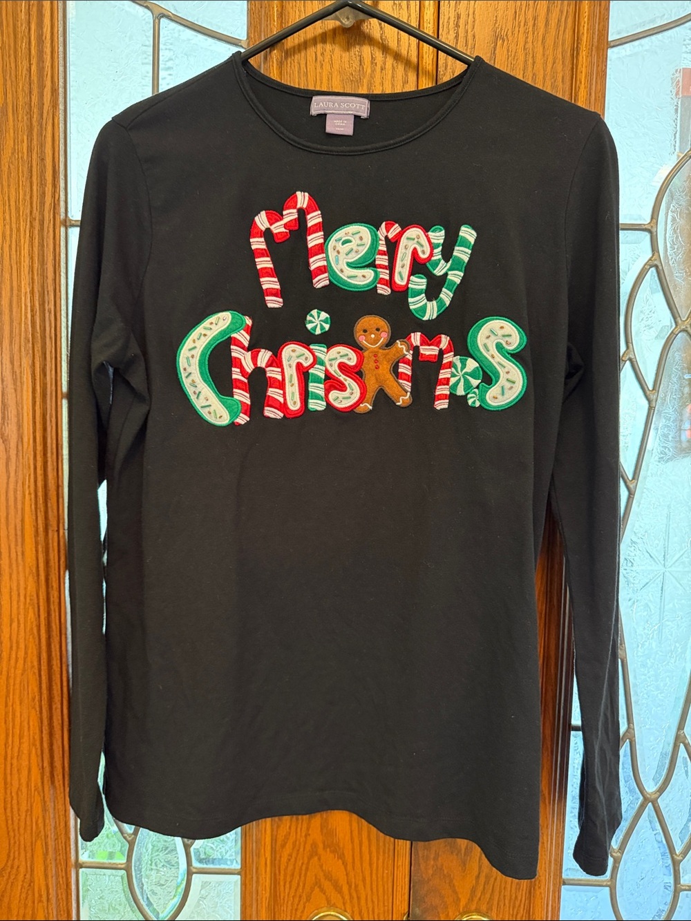 Laura Scott-Black Long-Sleeve 'Merry Christmas’ Appliqué Tee-Sz M